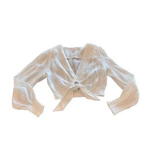Gianni Bini Women's Satin Long Sleeve V-Neck Cropped Tie-Front Blouse White XL